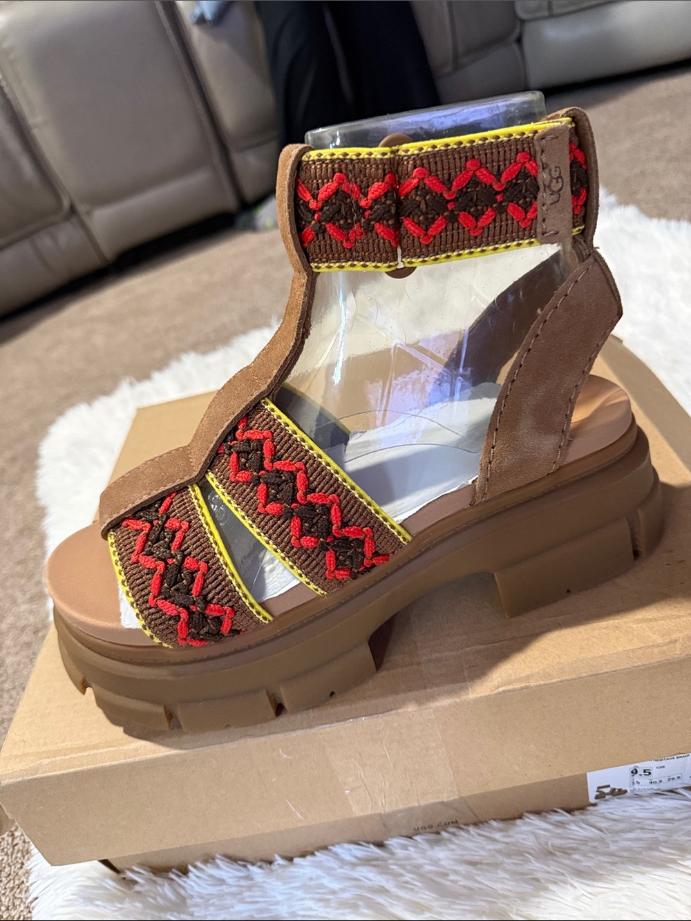 UGG Brown Suede Platform Sandals with Red and Yellow Embroidered Straps